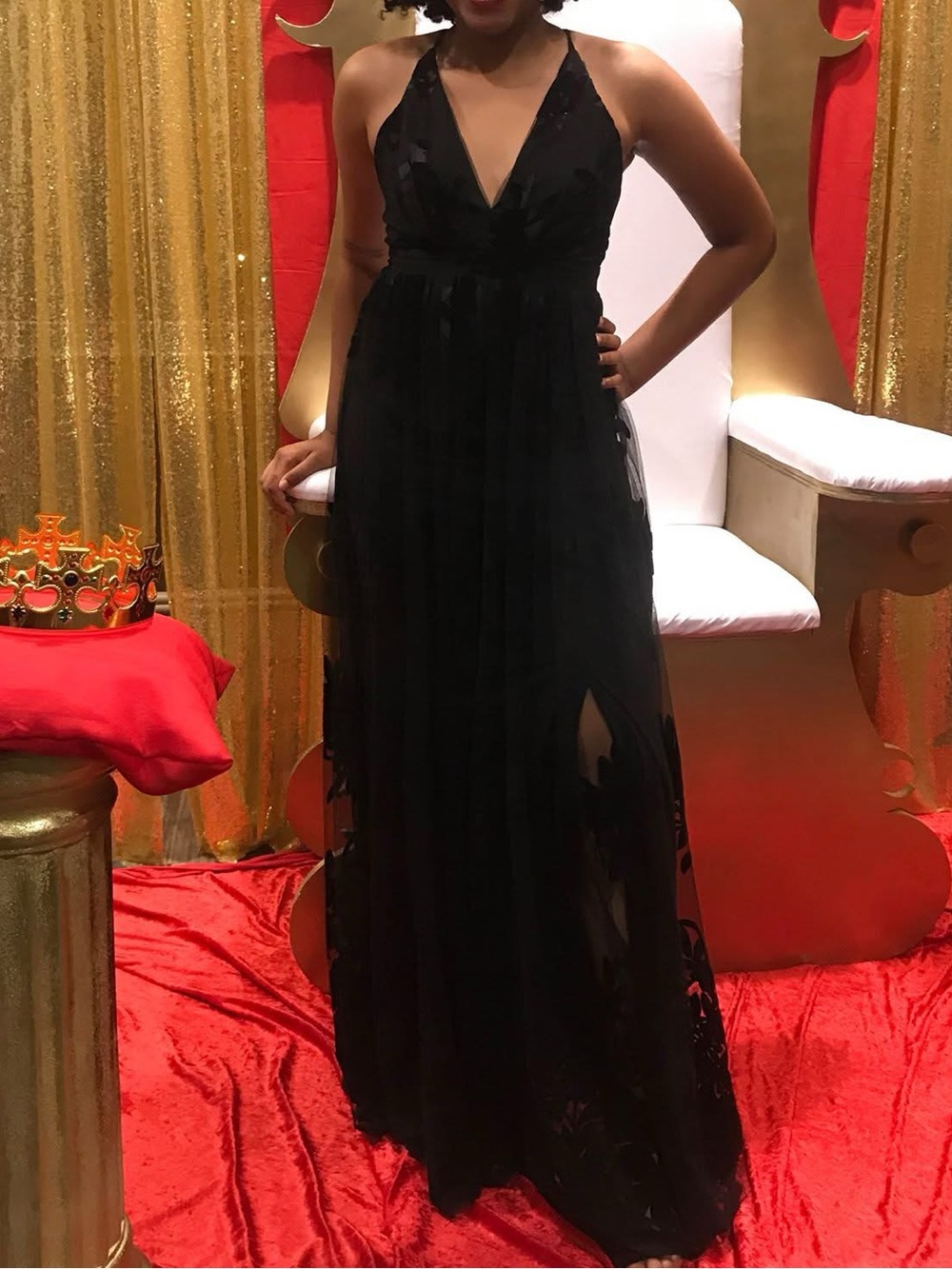Luxxel Black Sheer Maxi Dress with Floral Appliqué